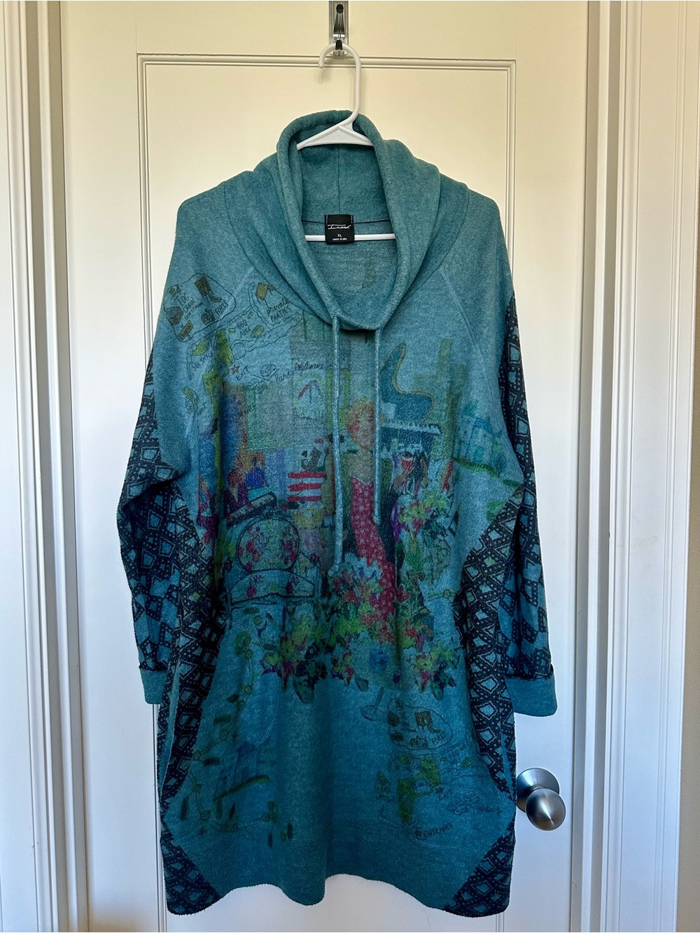 Inoah Teal Shawl-Collar Printed Women's Fleecy Tunic